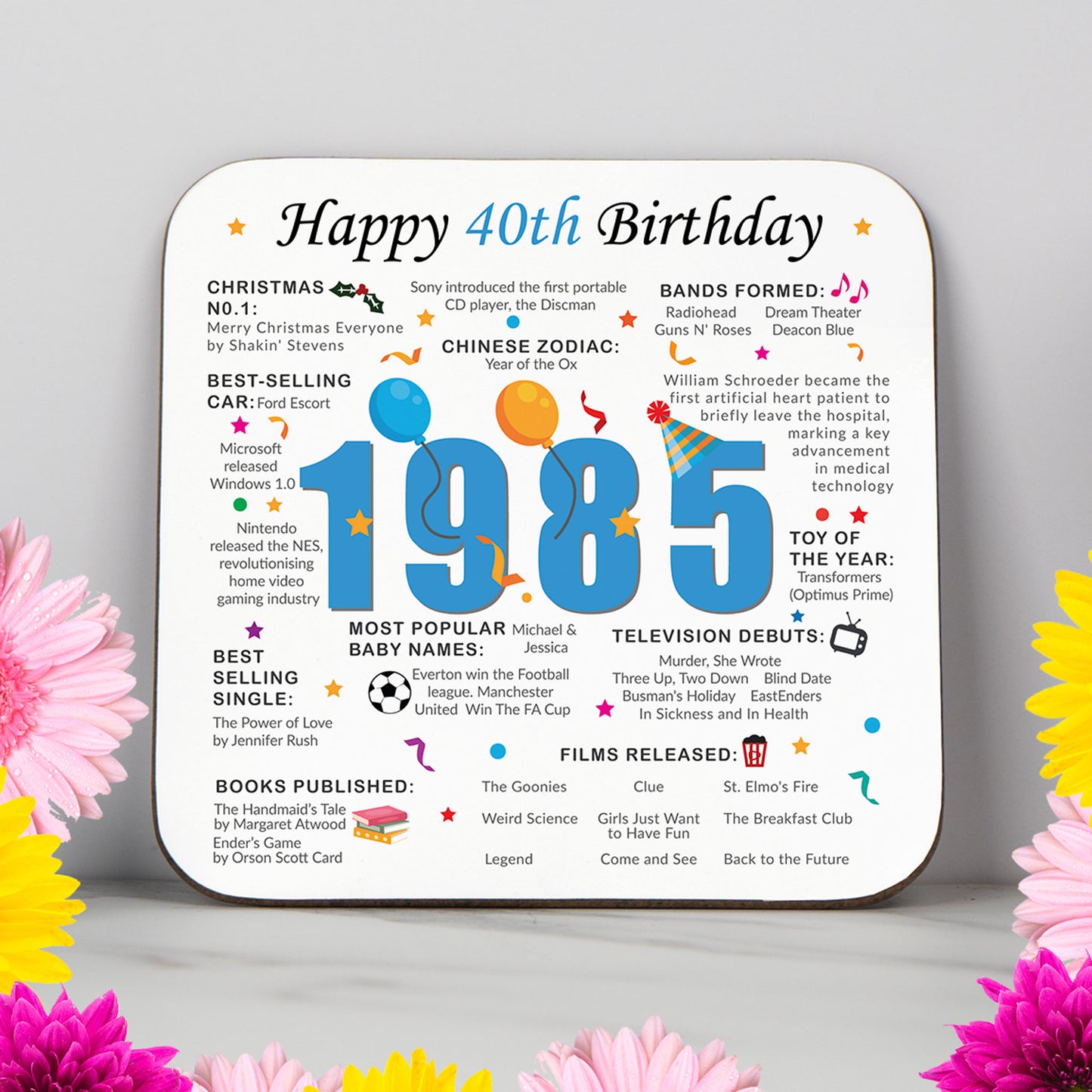 Colourful 40th Birthday coaster featuring fun facts from 1985, including popular events, prices, baby names, and milestones. Perfect keepsake or gift for someone born in 1985 celebrating their 40th milestone birthday. Unique keepsake and memorabilia.