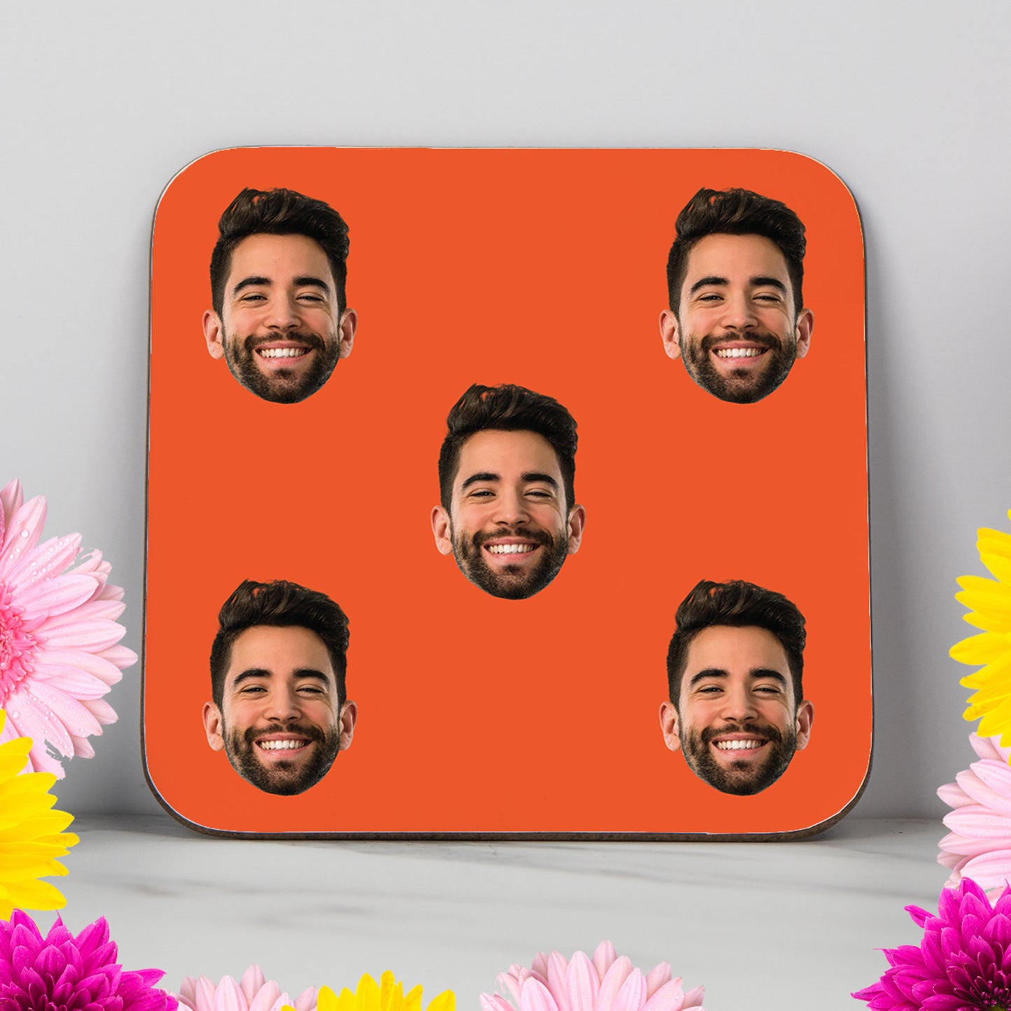 Personalised face coaster with custom photo, funny gift idea for birthdays, anniversaries or friends, printed with vibrant colours and glossy finish