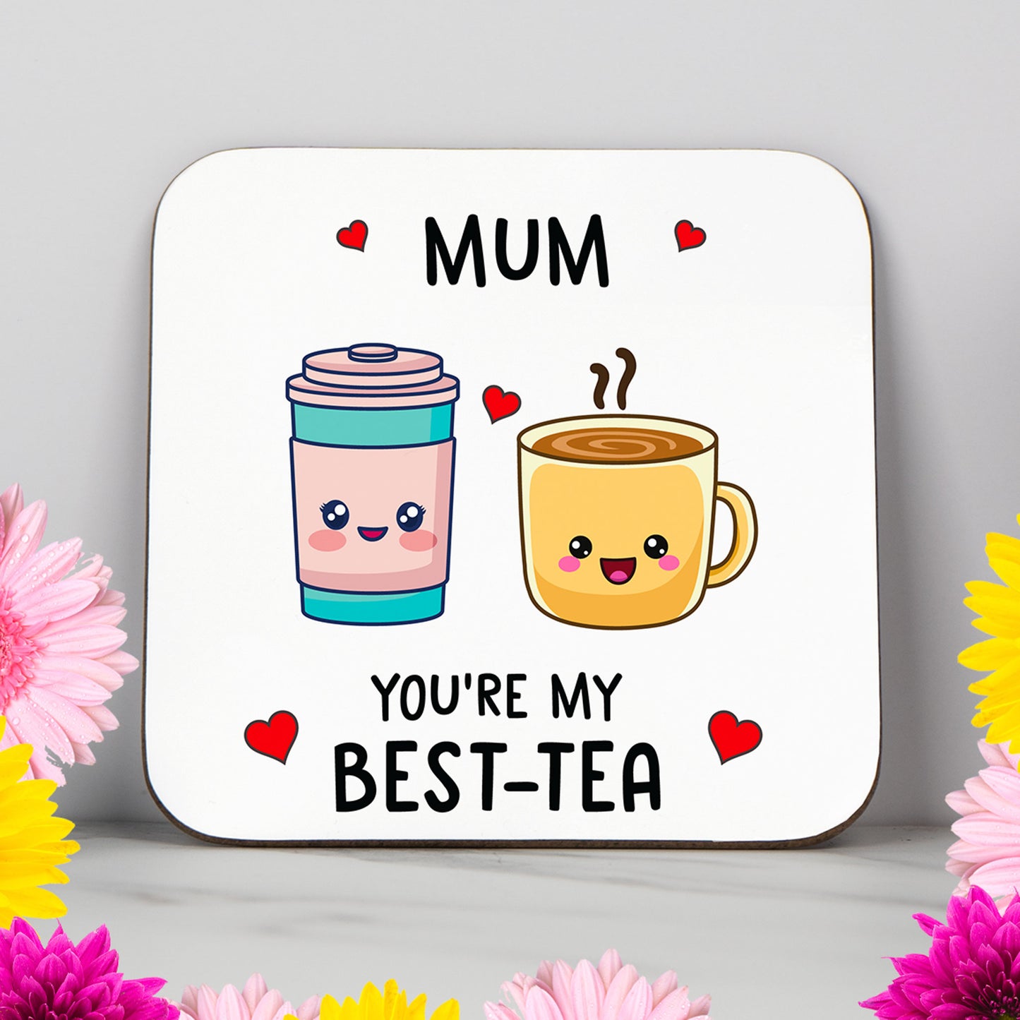 Mum You’re My Best-Tea coaster with smiling cups and hearts
Funny Mother’s Day coaster gift for tea-loving mum
Cute and colourful coaster with “Best-Tea” pun design
Glossy printed coaster for mum’s birthday or Mother’s Day
Light-hearted gift for mum from son or daughter