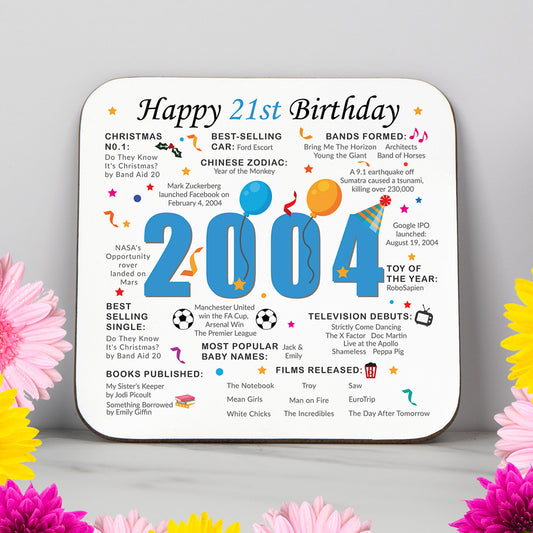 21st Birthday Coaster for birthday boy or birthday girl born in 2004. Happy 21st Birthday Gift. 21st Birthday Keepsake