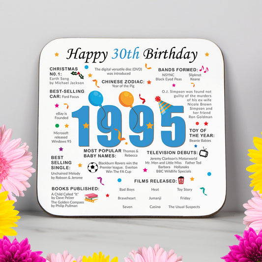 Colourful 30th Birthday coaster featuring fun facts from 1995, including popular events, prices, baby names, and milestones. Perfect keepsake or gift for someone born in 1995 celebrating their 30th milestone birthday. Unique keepsake and memorabilia.