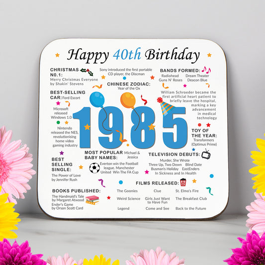 Colourful 40th Birthday coaster featuring fun facts from 1985, including popular events, prices, baby names, and milestones. Perfect keepsake or gift for someone born in 1985 celebrating their 40th milestone birthday. Unique keepsake and memorabilia.
