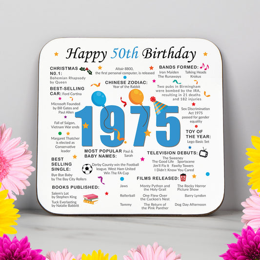 Colourful 50th Birthday coaster featuring fun facts from 1975, including popular events, prices, baby names, and milestones. Perfect keepsake or gift for someone born in 1975 celebrating their 50th milestone birthday. Unique keepsake and memorabilia.