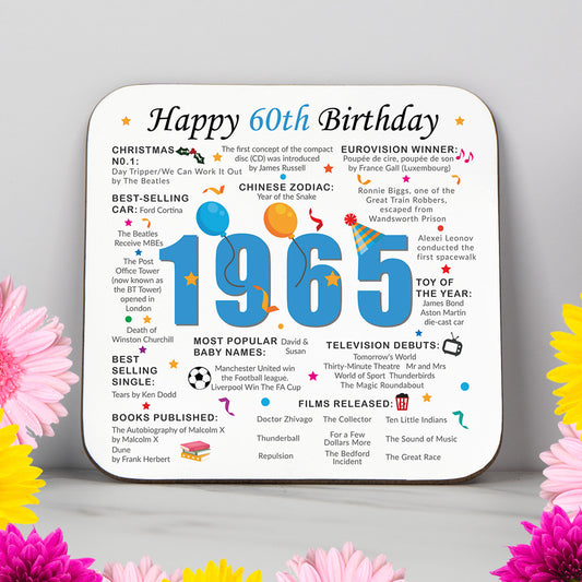 Colourful 60th Birthday coaster featuring fun facts from 1965, including popular events, prices, baby names, and milestones. Perfect keepsake or gift for someone born in 1965 celebrating their 60th milestone birthday. Unique keepsake and memorabilia.