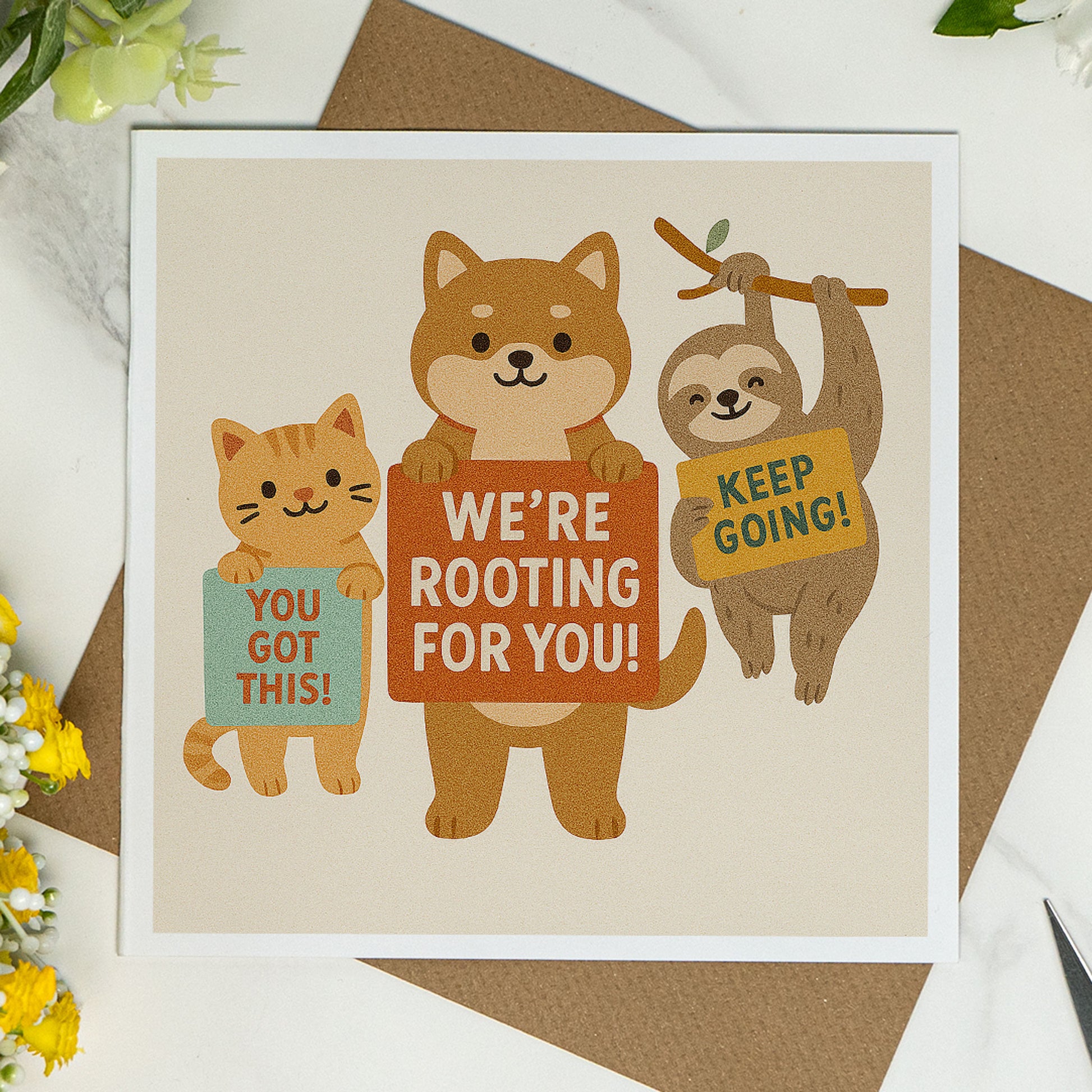 Square encouragement card featuring a cat, dog, and sloth holding signs that say “You Got This!”, “We’re Rooting For You!”, and “Keep Going!”. Printed on white 144 x 144mm card with a kraft envelope. A cute and uplifting card for support, motivation, or tough times.