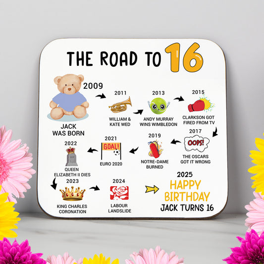 Personalised 'Road to 16' milestone birthday coaster with key events from 2008 to 2025. A unique keepsake gift for a 16th birthday, featuring a timeline of pop culture and historical moments. Glossy, wipe-clean finish with a sturdy, non-slip wood base. Perfect as a birthday gift, party decor, or keepsake. Custom name and colours available.