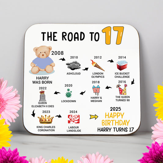Personalised 'Road to 17' milestone birthday coaster with key events from 2008 to 2025. A unique keepsake gift for a 17th birthday, featuring a timeline of pop culture and historical moments. Glossy, wipe-clean finish with a sturdy, non-slip wood base. Perfect as a birthday gift, party decor, or keepsake. Custom name and colours available.