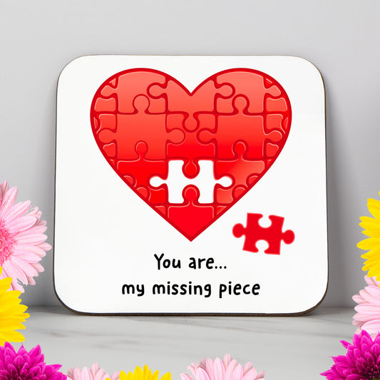 You Are My Missing Piece" Valentine’s Day coaster featuring cute puzzle pieces on a glossy white background – romantic and thoughtful gift idea for boyfriend, girlfriend, husband or wife. Unique love-themed coaster for couples, perfect for anniversaries or Valentine’s Day. A sweet decorative keepsake for anyone who completes your heart.
