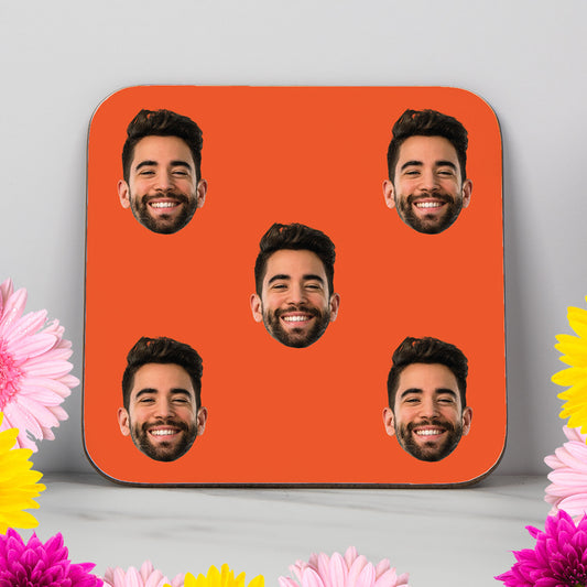 Personalised face coaster with custom photo, funny gift idea for birthdays, anniversaries or friends, printed with vibrant colours and glossy finish