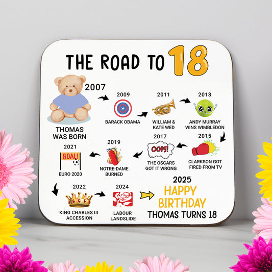 Personalised 'Road to 18' milestone birthday coaster with key events from 2006 to 2025. A unique keepsake gift for an 18th birthday, featuring a timeline of pop culture and historical moments. Glossy, wipe-clean finish with a sturdy, non-slip wood base. Perfect as a birthday gift, party decor, or keepsake. Custom name and colours available.