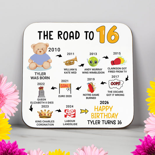 Personalised 16th Birthday Gift - Born in 2010 - The road to 2026 - Coaster