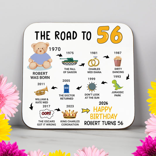Personalised 56th Birthday Gift - Born in 1970 - The road to 2026 - Coaster