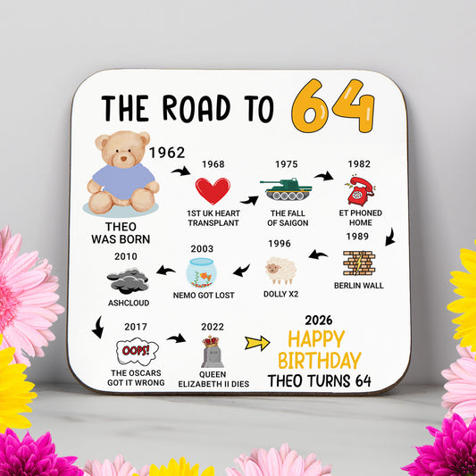 Personalised 64th Birthday Gift - Born in 1962 - The road to 2026 - Coaster