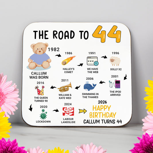 Personalised 44th Birthday Gift - Born in 1982 - The road to 2026 - Coaster