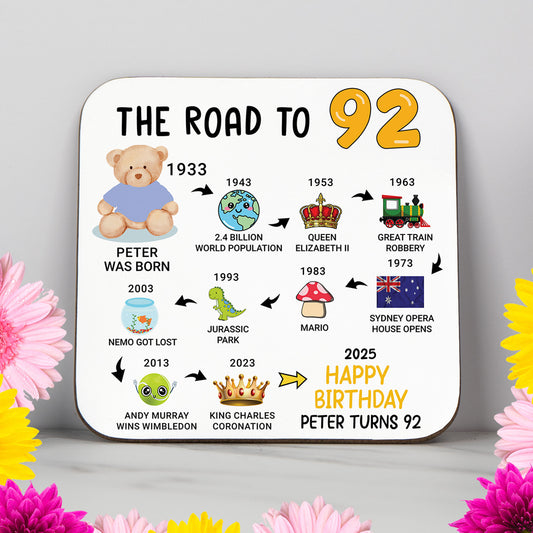 Personalised 'Road to 92' milestone birthday coaster highlighting events from 1932 to 2025. A practical and elegant 92nd birthday gift with a glossy, wipe-clean finish and durable, non-slip wood base. Ideal for milestone birthdays, home decor, or as a custom keepsake. Includes name and colour personalisation.