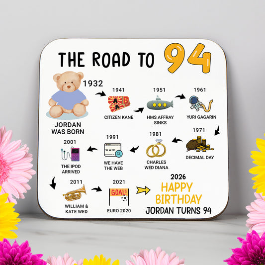 Personalised 94th Birthday Gift - Born in 1932 - The road to 2026 - Coaster