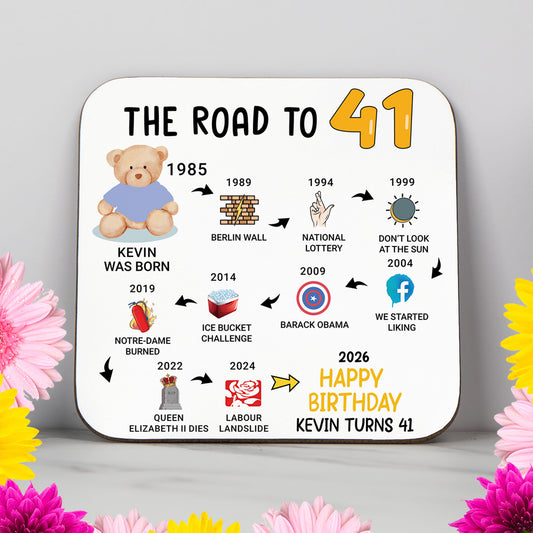Personalised 41st Birthday Gift - Born in 1985 - The road to 2026 - Coaster