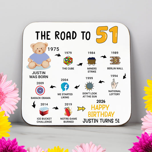 Personalised 51st Birthday Gift - Born in 1975 - The road to 2026 - Coaster