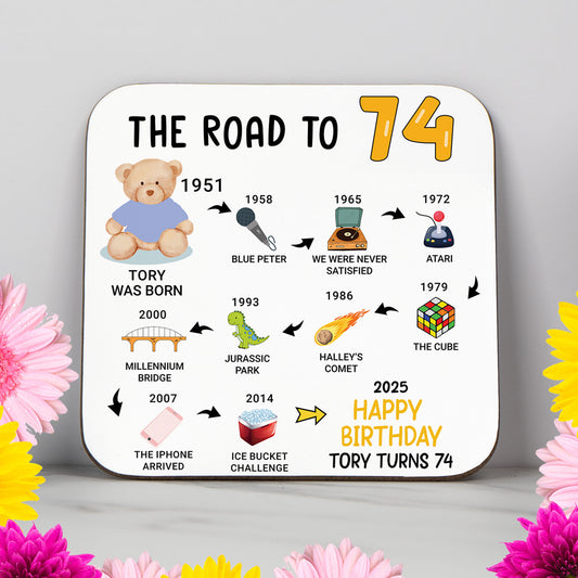 Personalised 'Road to 74' milestone birthday coaster highlighting events from 1950 to 2025. A stylish and practical 74th birthday gift with a glossy, wipe-clean finish and non-slip wood base. Ideal for birthdays, home decor, or as a unique keepsake. Includes name and colour personalisation