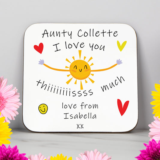 Personalised Aunty I Love You This Much coaster with sweet illustrated arms stretching wide, thoughtful gift for auntie or aunt from niece or nephew