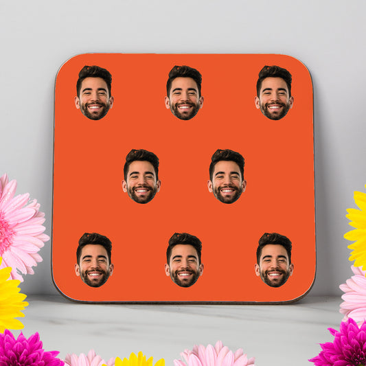 Custom coaster with repeating face pattern on a bold coloured background – personalised photo gift, fun and unique present for him or her