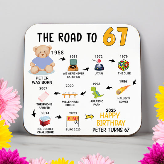 Personalised 'Road to 67' milestone birthday coaster with events from 1957 to 2025. A practical and stylish 67th birthday gift featuring a glossy, wipe-clean finish and durable, non-slip wood base. Ideal for milestone birthdays, home display, or as a keepsake. Includes personalisation for name and colour