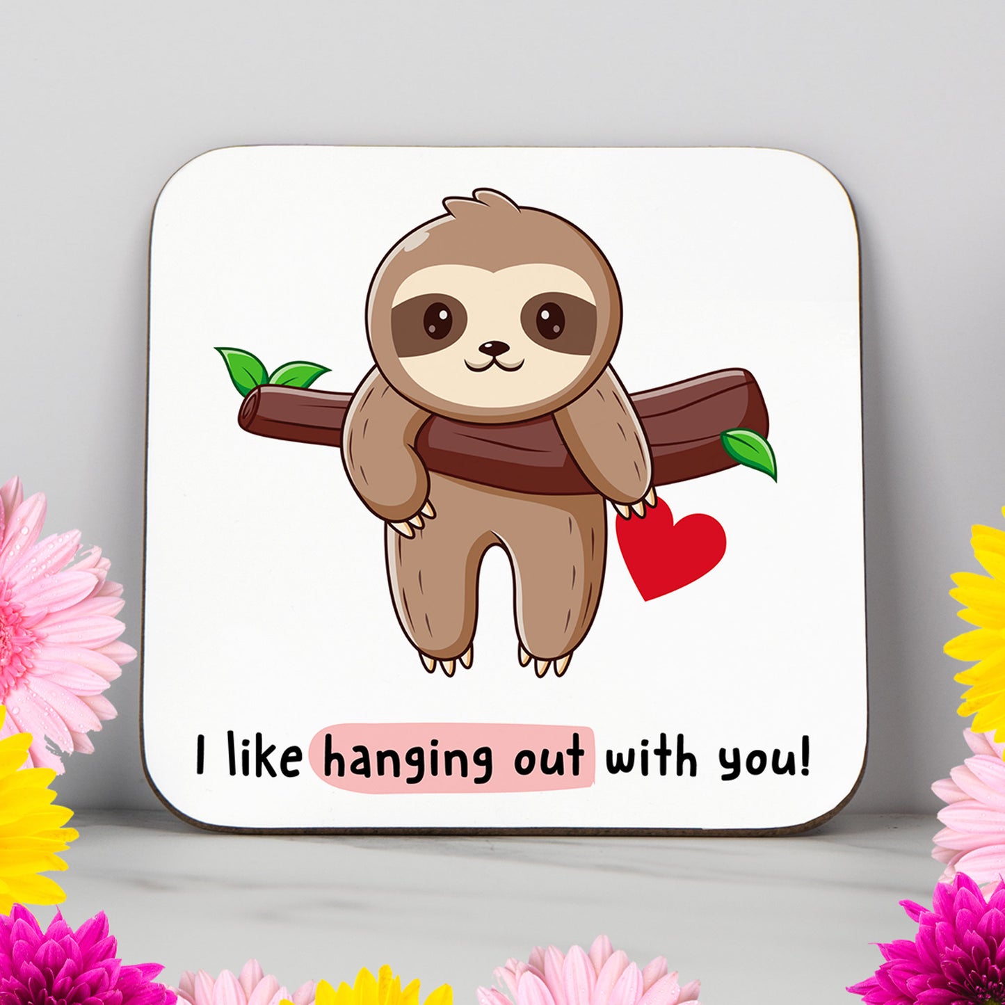 Funny sloth Valentine’s Day coaster with cute illustrated sloth holding a branch and heart, captioned “I like hanging out with you!” – adorable romantic gift for him or her, sweet pun gift for boyfriend, girlfriend, partner or spouse, perfect for couples who love sloths, unique printed coaster for anniversary, birthday, or just because, novelty animal-themed gift idea for loved one, cute and funny coaster to show affection, ideal for a romantic yet playful gesture.