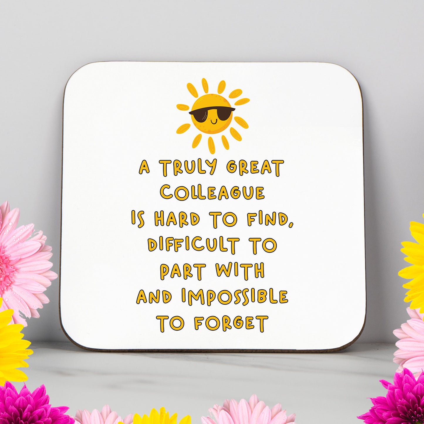 A Truly Great Colleague coaster with heartfelt message and sun icon

Farewell gift coaster for colleague or boss, printed in the UK

Glossy MDF coaster with emotional message for office leaving gift

Thoughtful goodbye gift for work friend or team member

Stylish desk coaster with sentimental quote for retirement