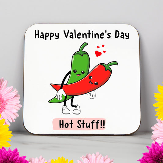 Chilli pepper couple coaster with "Hot Stuff!" caption – fun and romantic Valentine's Day gift for boyfriend or girlfriend