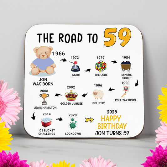 Personalised 'Road to 59' milestone birthday coaster with key events from 1965 to 2025. A sleek and practical 59th birthday gift featuring a glossy, wipe-clean finish and non-slip wood base. Perfect for birthdays, home styling, or as a unique keepsake. Personalisation available with name and colour choice.