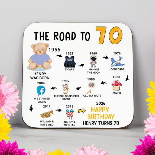 Personalised 70th Birthday Gift - Born in 1956 - The road to 2026 - Coaster