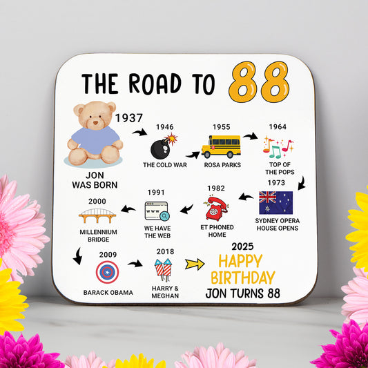 Personalised 'Road to 88' milestone birthday coaster highlighting events from 1936 to 2025. A practical and elegant 88th birthday gift with a glossy, wipe-clean finish and non-slip wood base. Perfect for birthdays, home display, or as a personalised keepsake. Includes name and colour customisation.