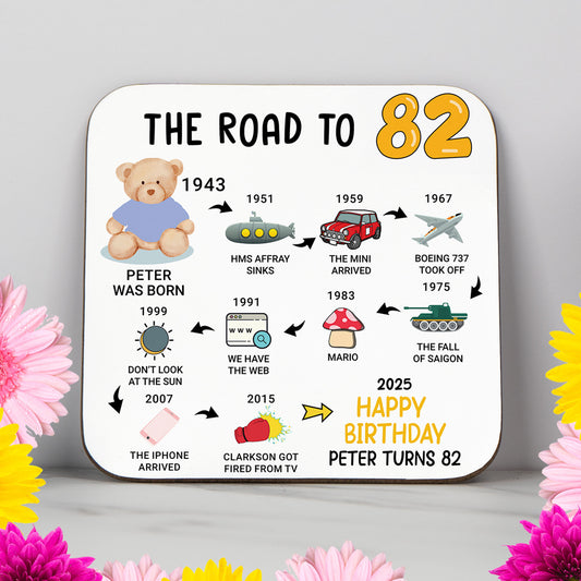 Personalised 'Road to 82' milestone birthday coaster highlighting events from 1942 to 2025. A stylish and practical 82nd birthday gift with a glossy, wipe-clean finish and non-slip wood base. Ideal for birthdays, home decor, or as a unique keepsake. Includes custom name and colour choices